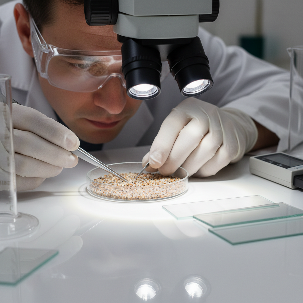 Laboratory technician examining sand sample under bright light with testing equipment