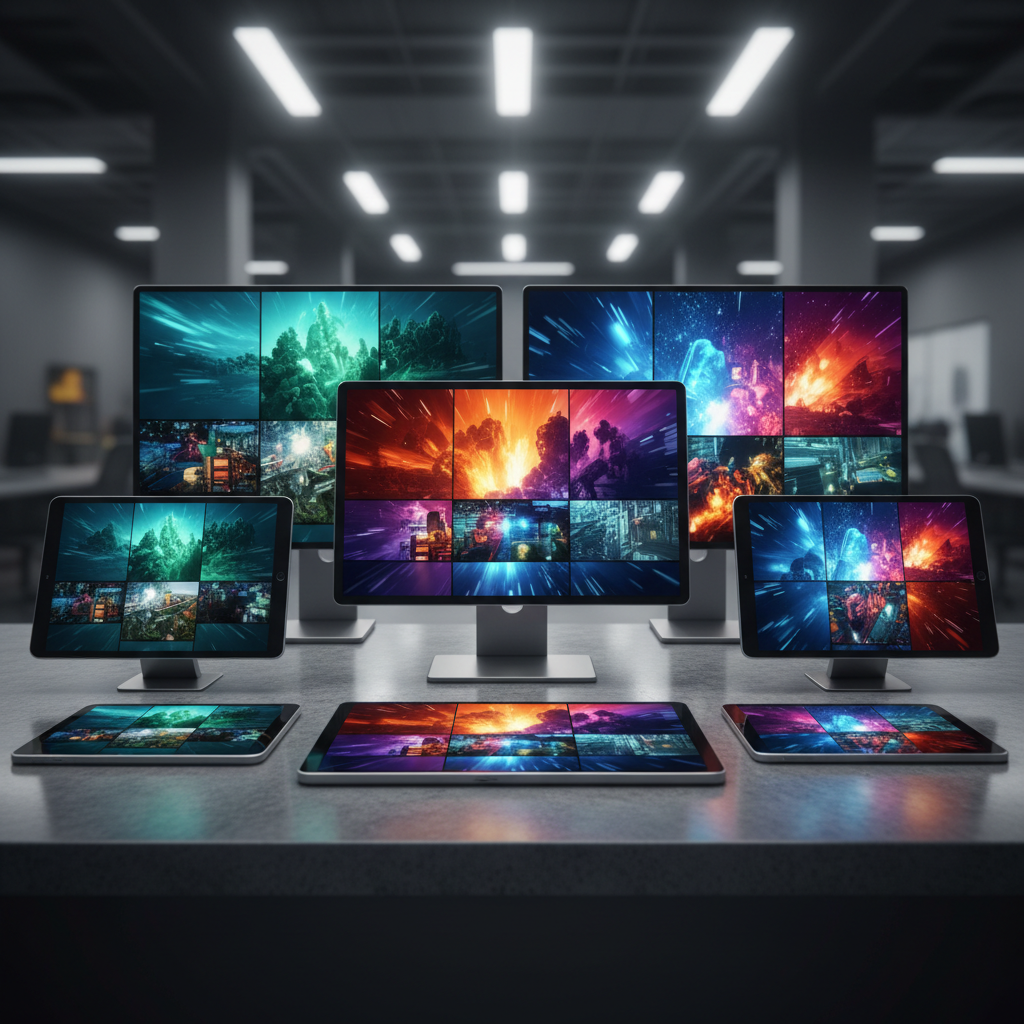 Multiple screens displaying social media feeds and video content in dark workspace