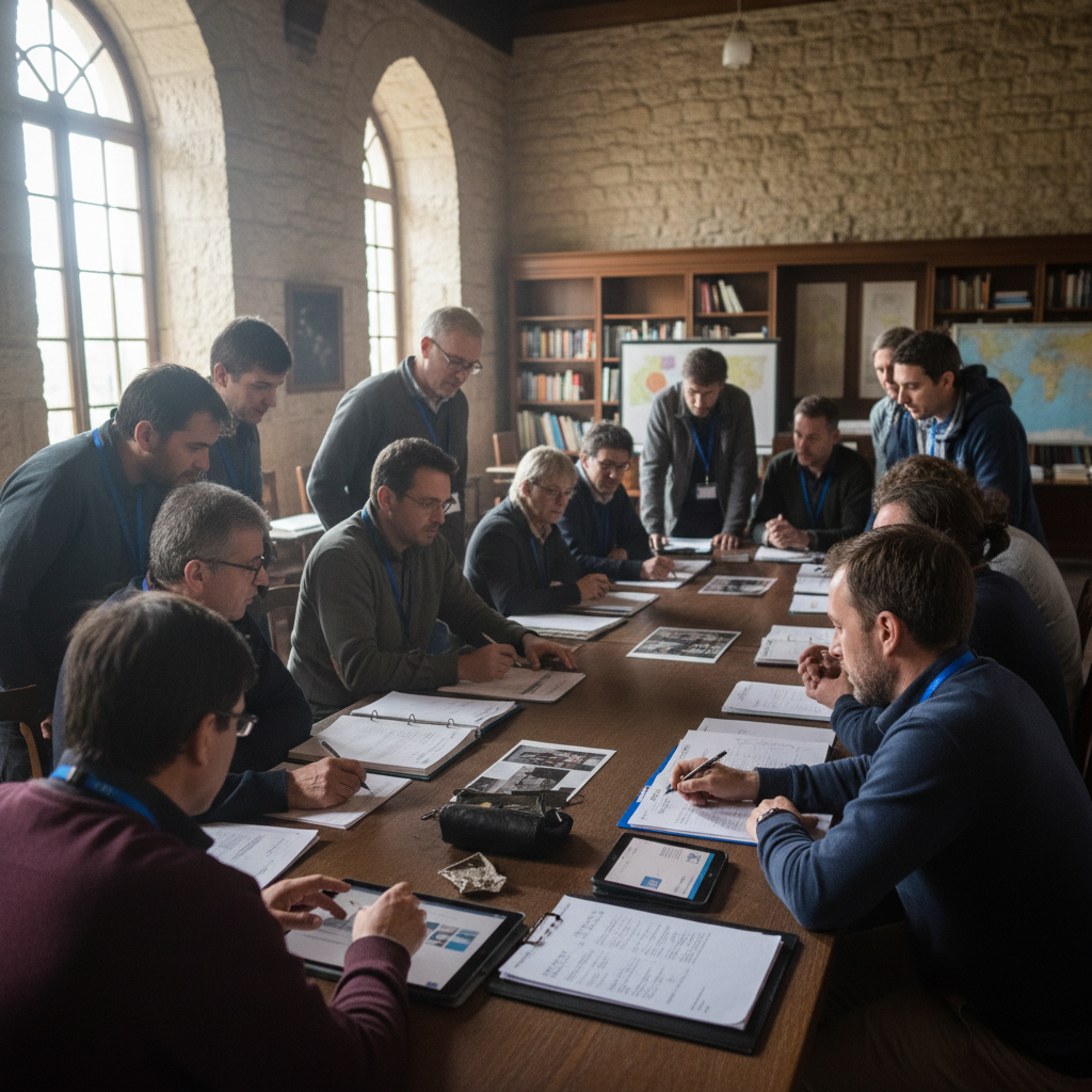 Field documentation session — community members reviewing evidence with human rights investigators around a table