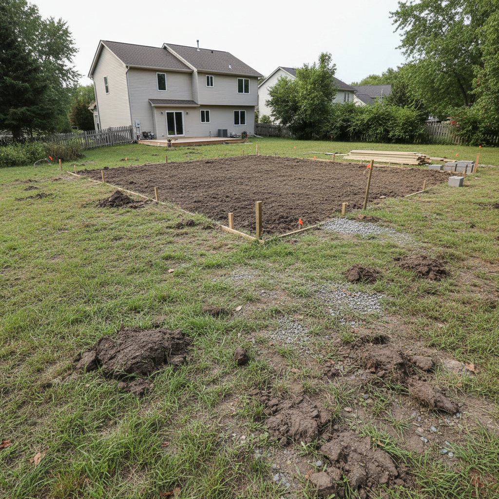 Overgrown backyard with uneven grass and bare patches before landscaping