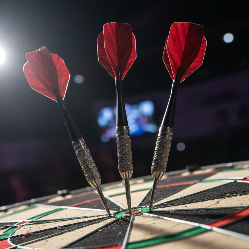 Board-level close-up shot of three tungsten darts clustered tightly in the treble twenty segment, third dart still vibrating on impact