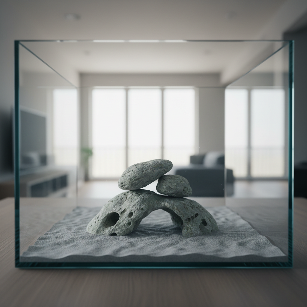 Empty aquarium with bare bottom and minimal rock structure