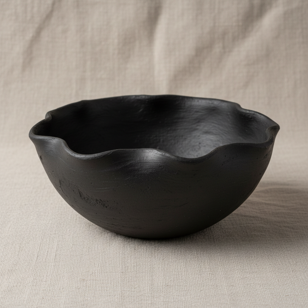 Handmade smoked clay bowl with dark matte finish and organic irregular rim on linen