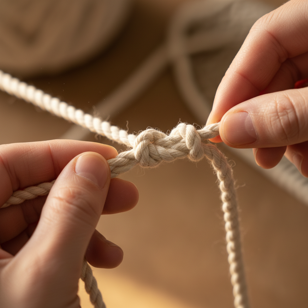 Hands holding natural cotton cord creating a square knot under warm light