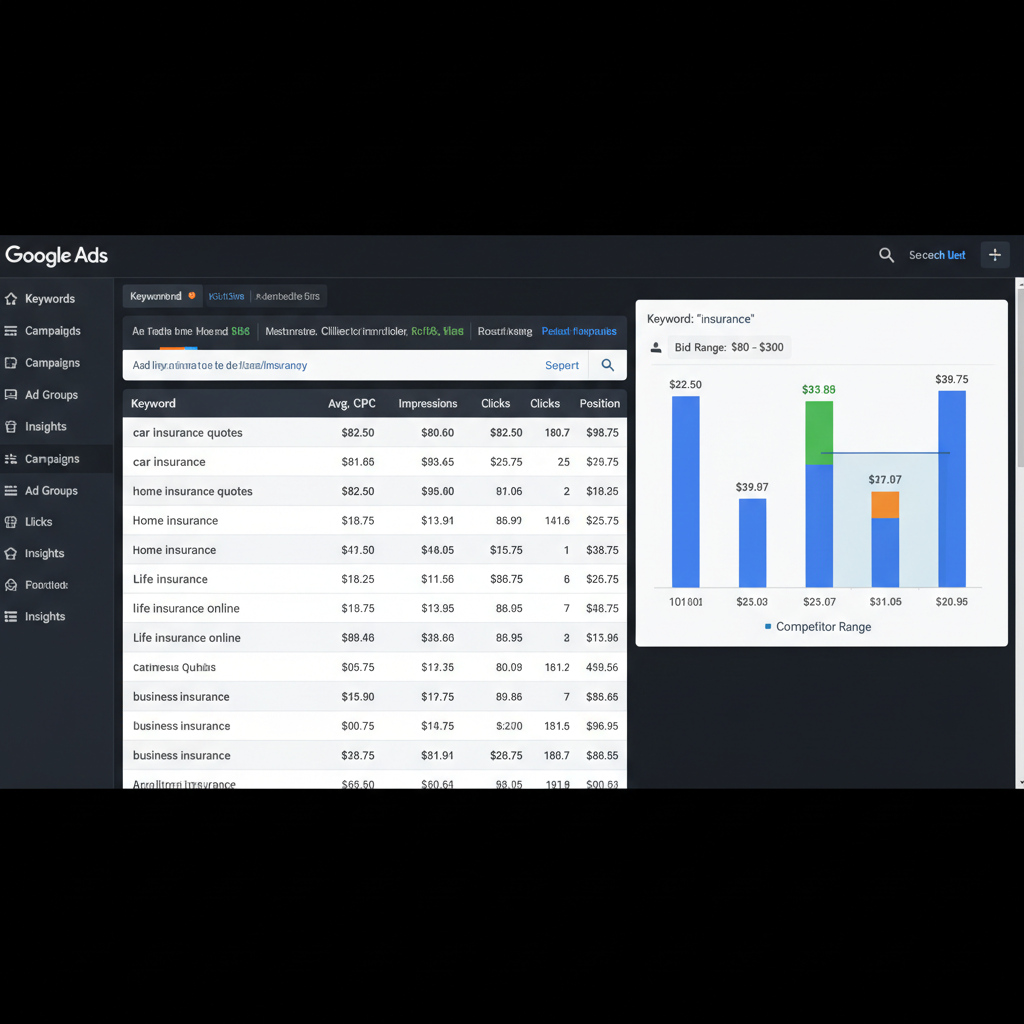 Dense Google Ads keyword auction interface showing insurance bids between $80 and $300 per click
