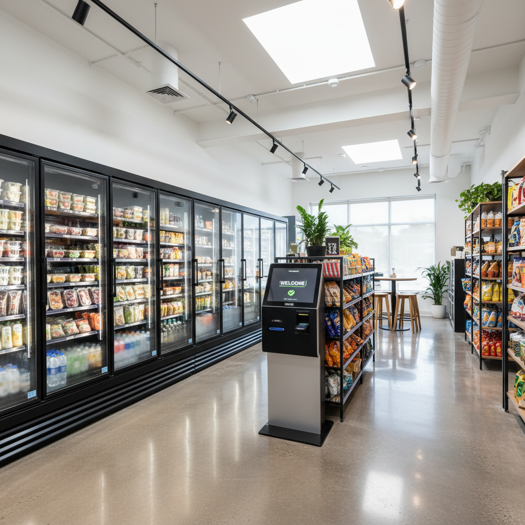 Open micro-market kiosk with refrigerated shelves and self-checkout in large modern corporate office break room