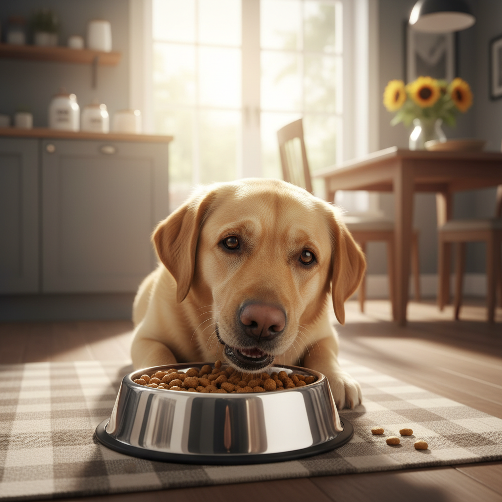German shepherd eating from a stainless steel bowl in a bright kitchen