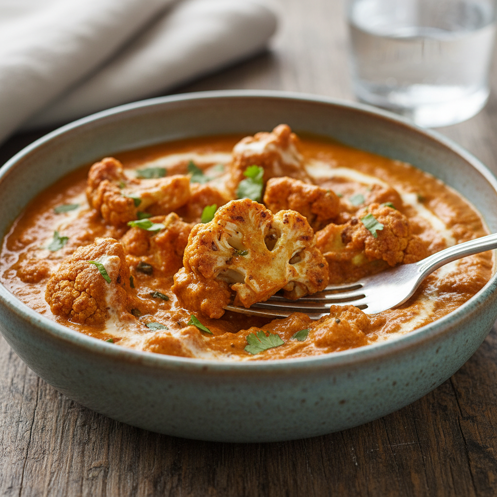 Cauliflower tikka masala plated on ceramic dish with fork already in it