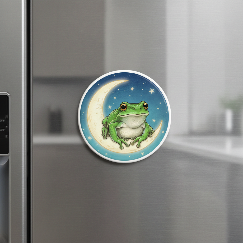 Green frog sitting on a crescent moon illustration magnet on steel fridge