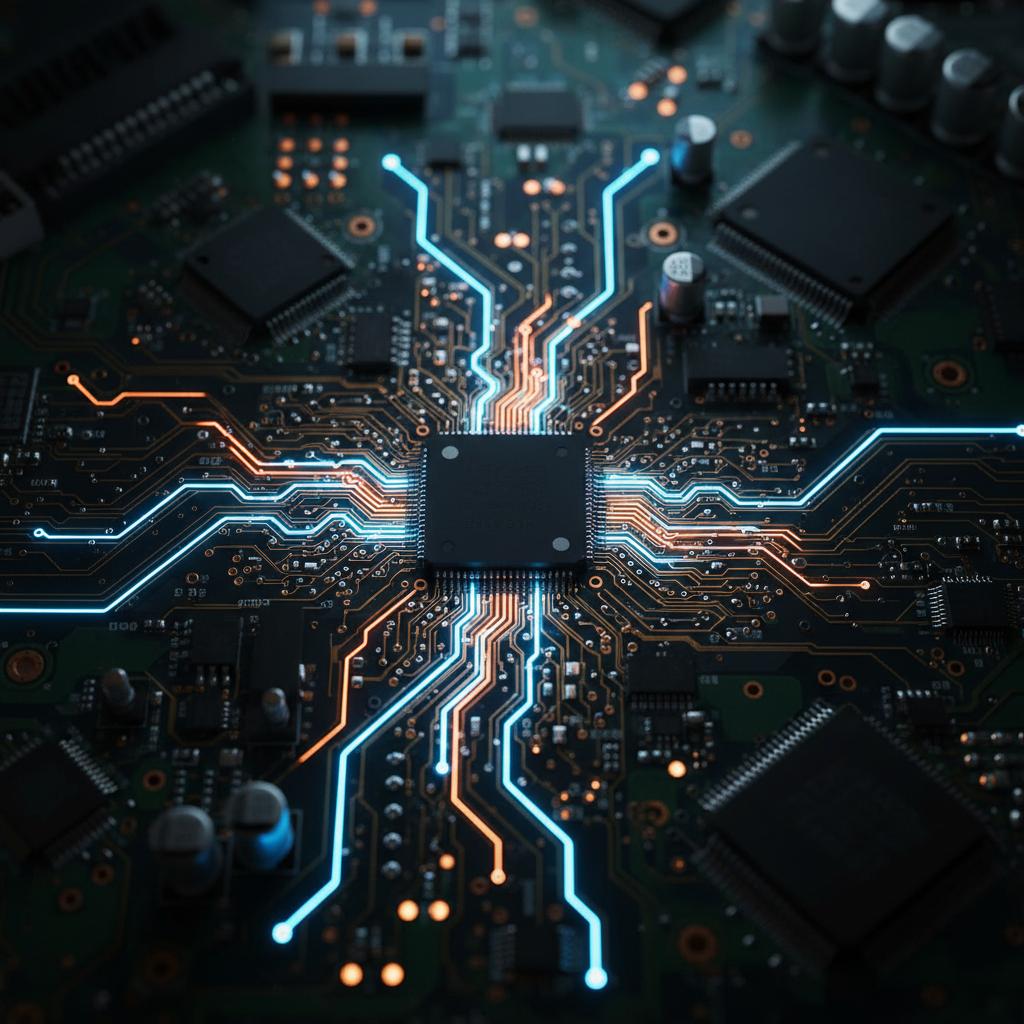 Close-up of a computer circuit board with illuminated pathways suggesting active signal flow