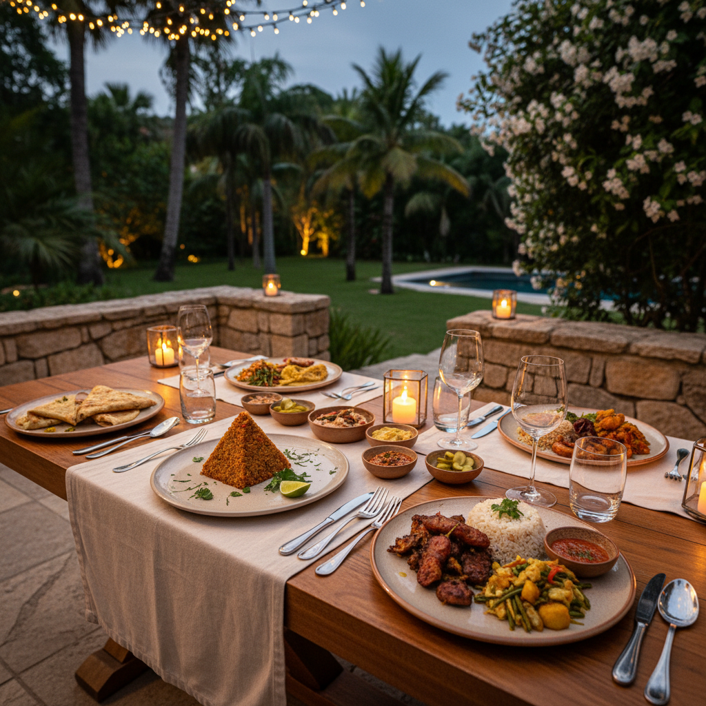 Long outdoor dining table set for an evening feast with string lights, lush greenery, and guests in soft candlelit summer darkness