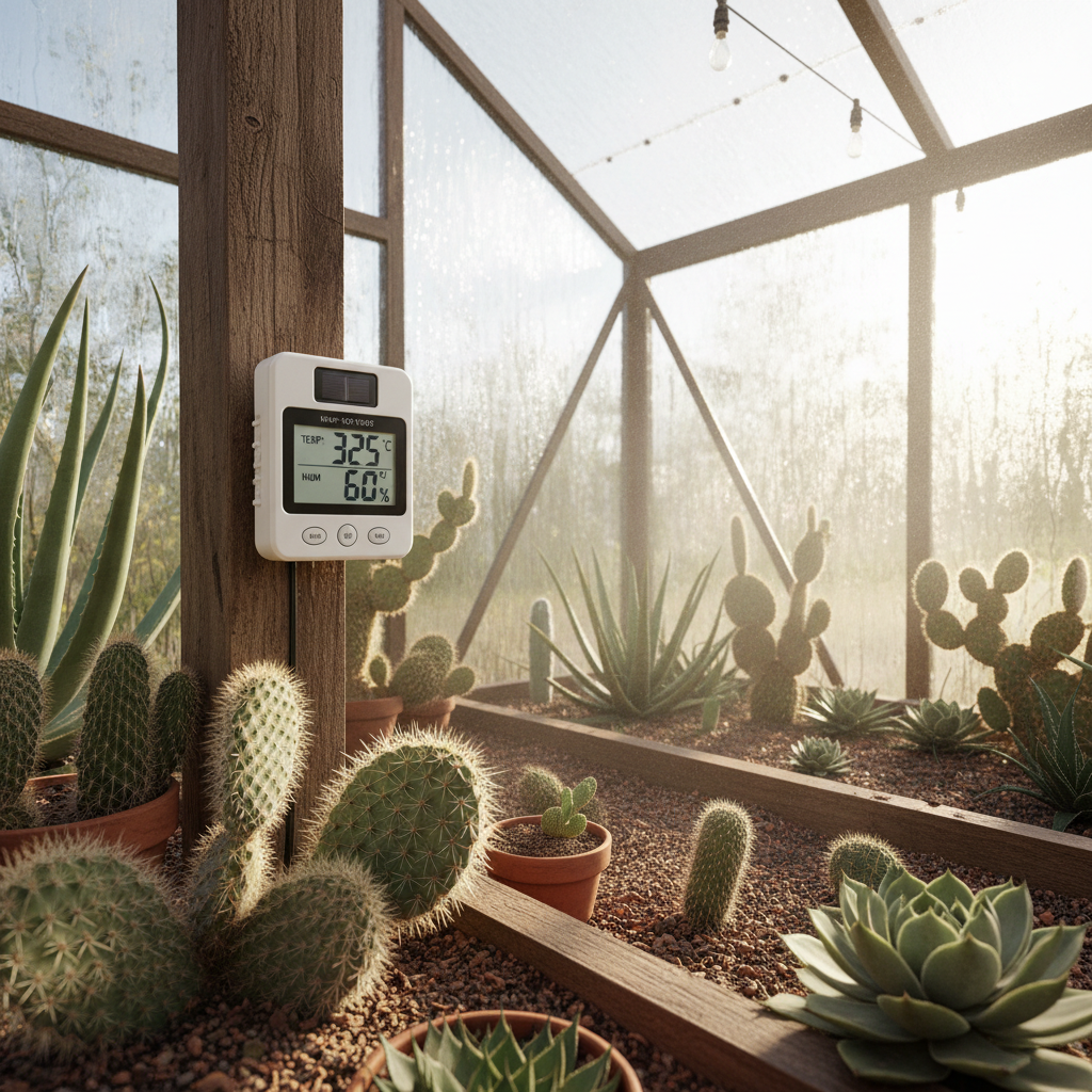 Digital temperature and humidity monitor mounted in a small greenhouse beside desert plants