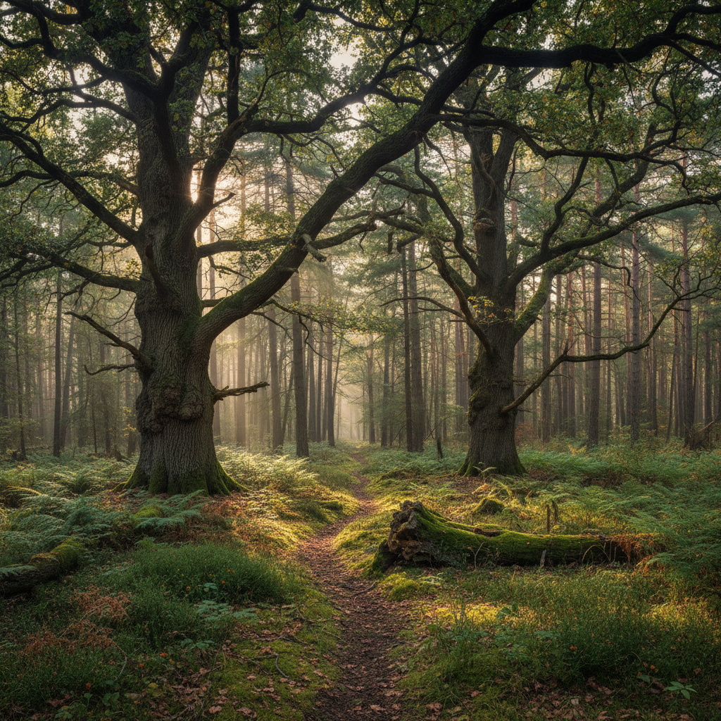 Ancient forest path with golden light filtering through trees