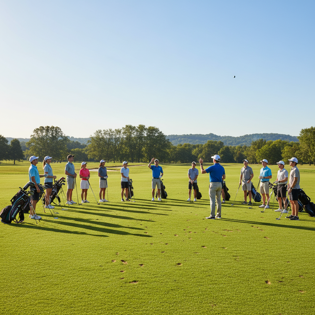 Golf students in group clinic watching ball flight on range