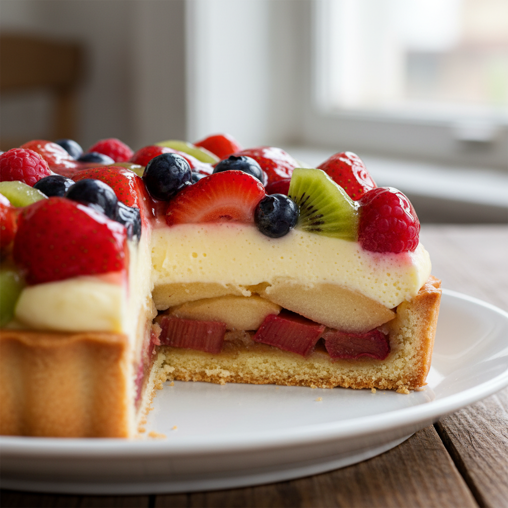 Colorful fruit tart with strawberries blueberries and kiwi on vanilla custard in pastry shell, bright overhead light