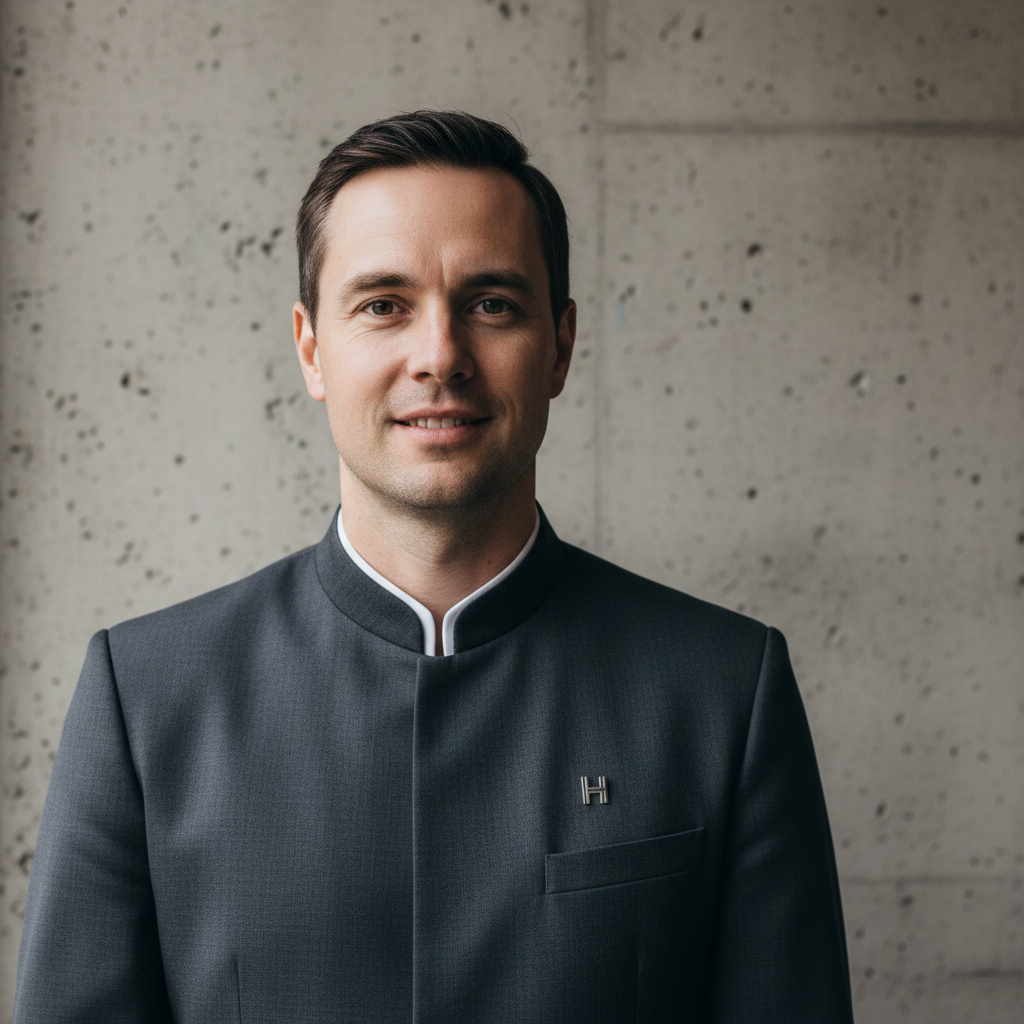 Hotel concierge in pressed charcoal uniform standing against raw concrete wall, staring directly into lens