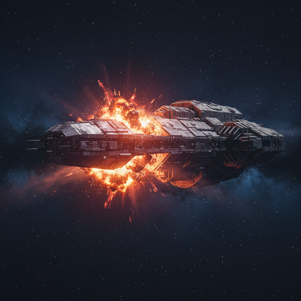 Enormous warship in dark space, dim steel hull, atmospheric lighting, military sci-fi vessel