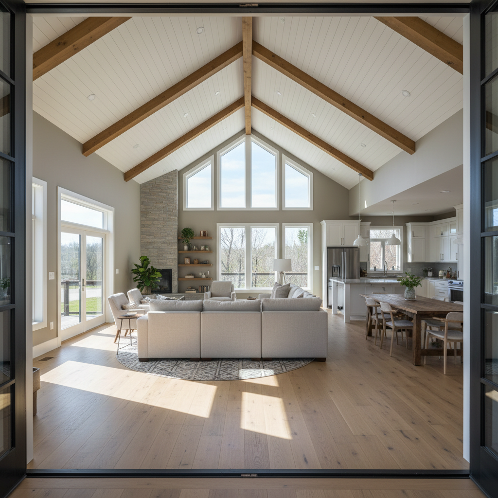 Wide-angle view from front doorway through rebuilt modular home with raised vaulted ceiling showing depth through living space to kitchen and rear windows