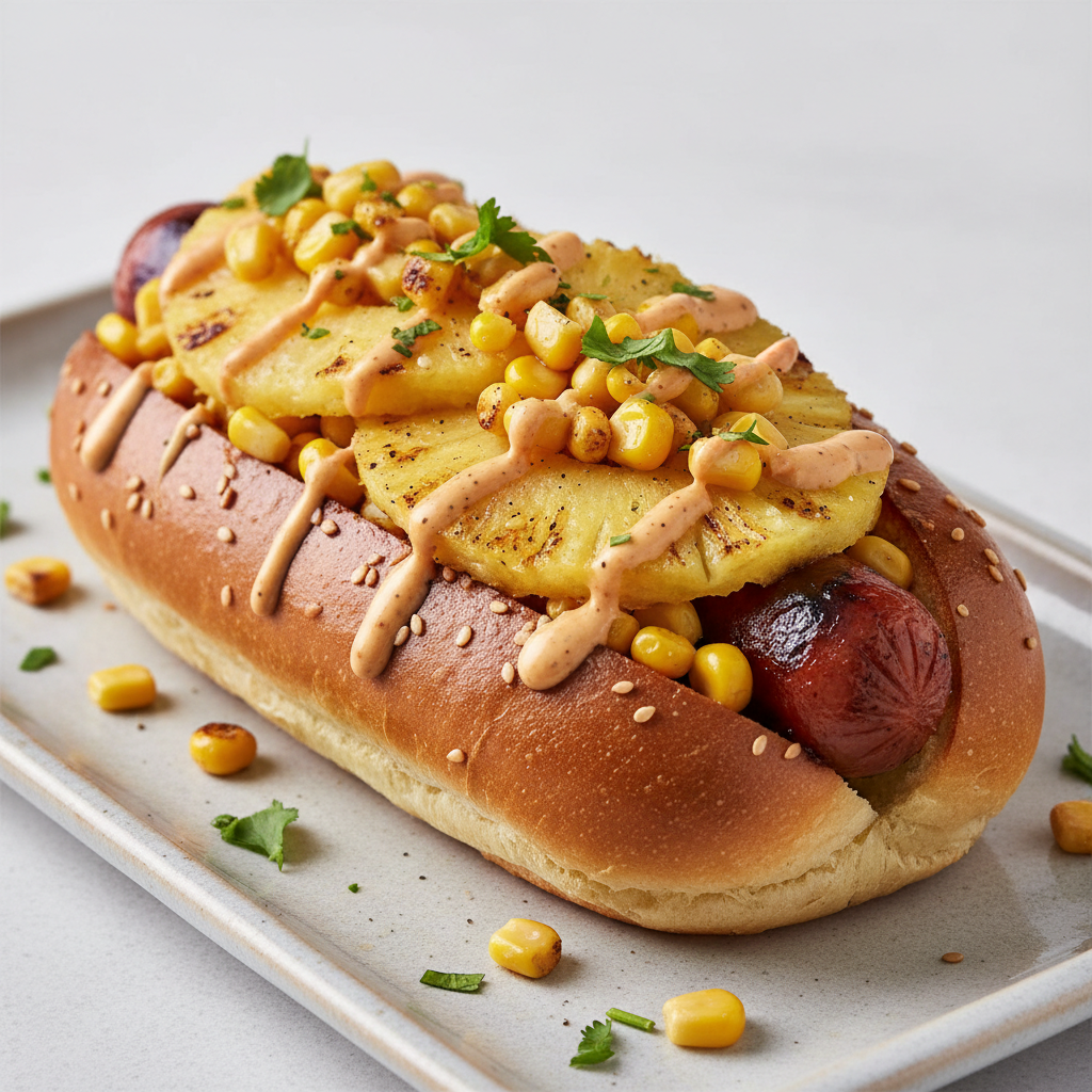 Perro especial con piña y maíz sobre pan brioche