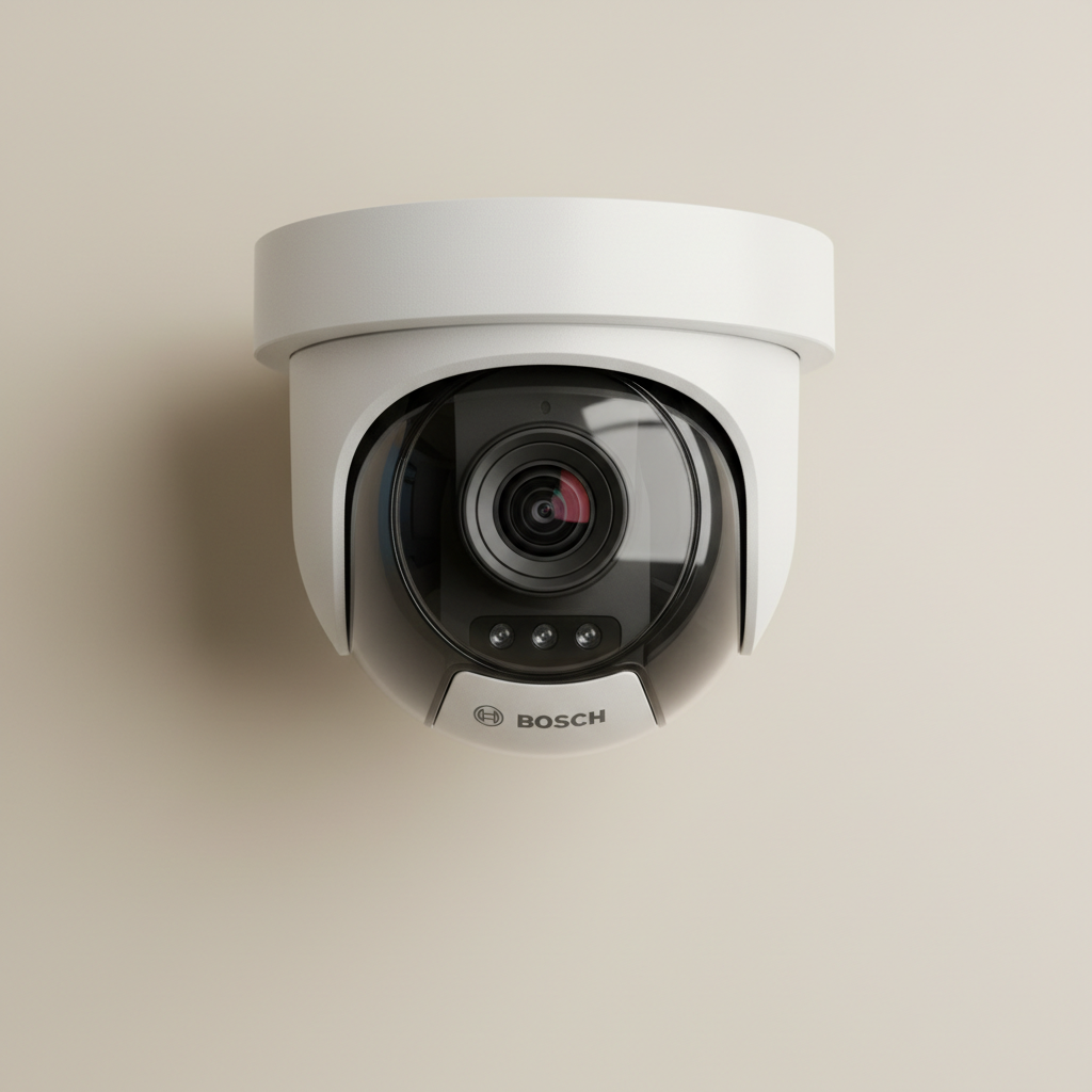 White dome IP security camera close-up showing lens detail against neutral background, professional CCTV equipment