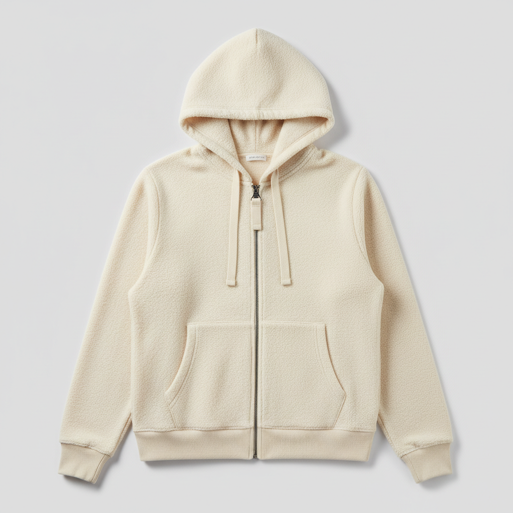 Cream quarter-zip pullover with subtle texture, luxury streetwear aesthetic, golf casual