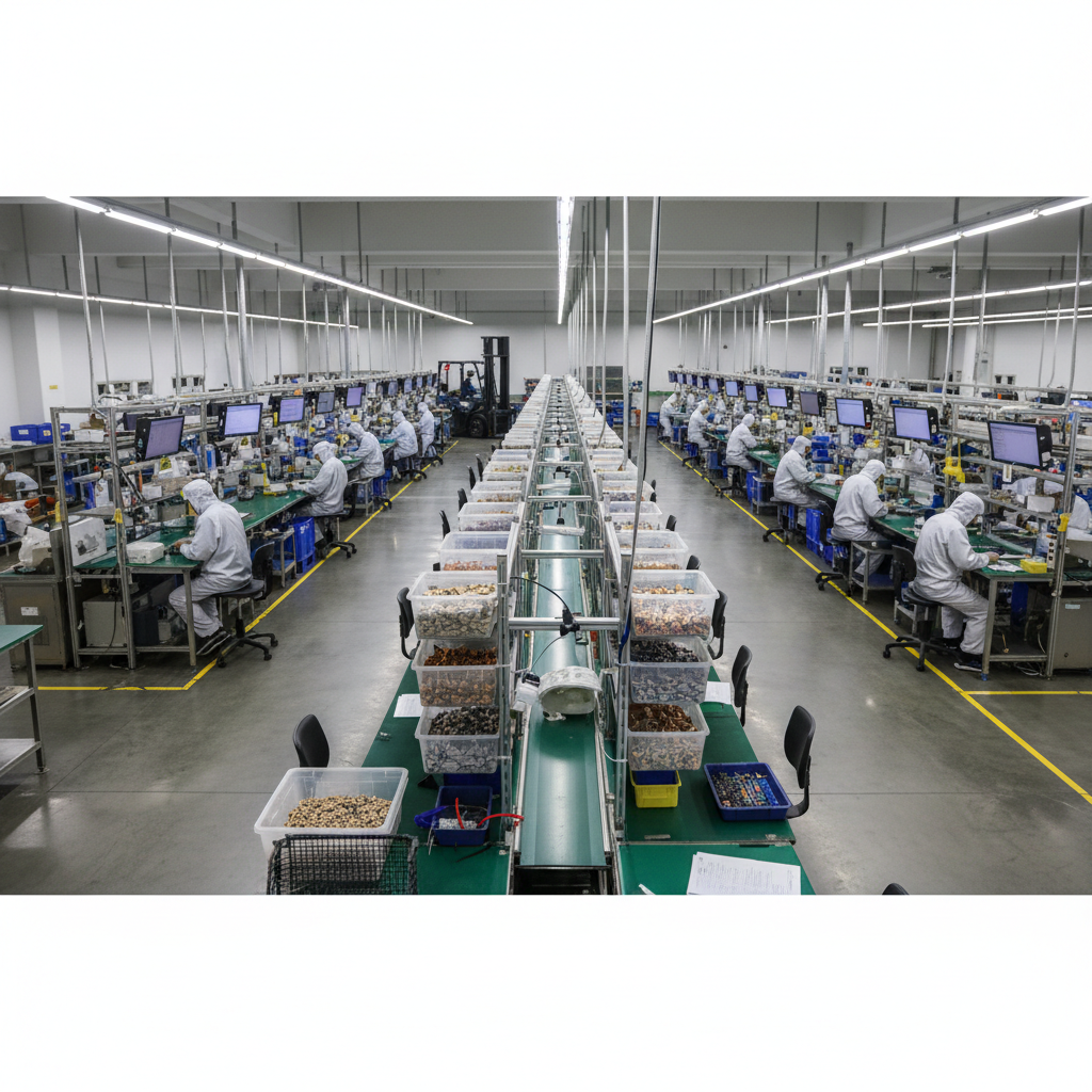 Electronics manufacturing floor with component bins and assembly lines