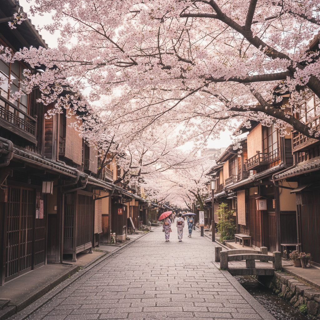 Kyoto traditional street with cherry blossoms