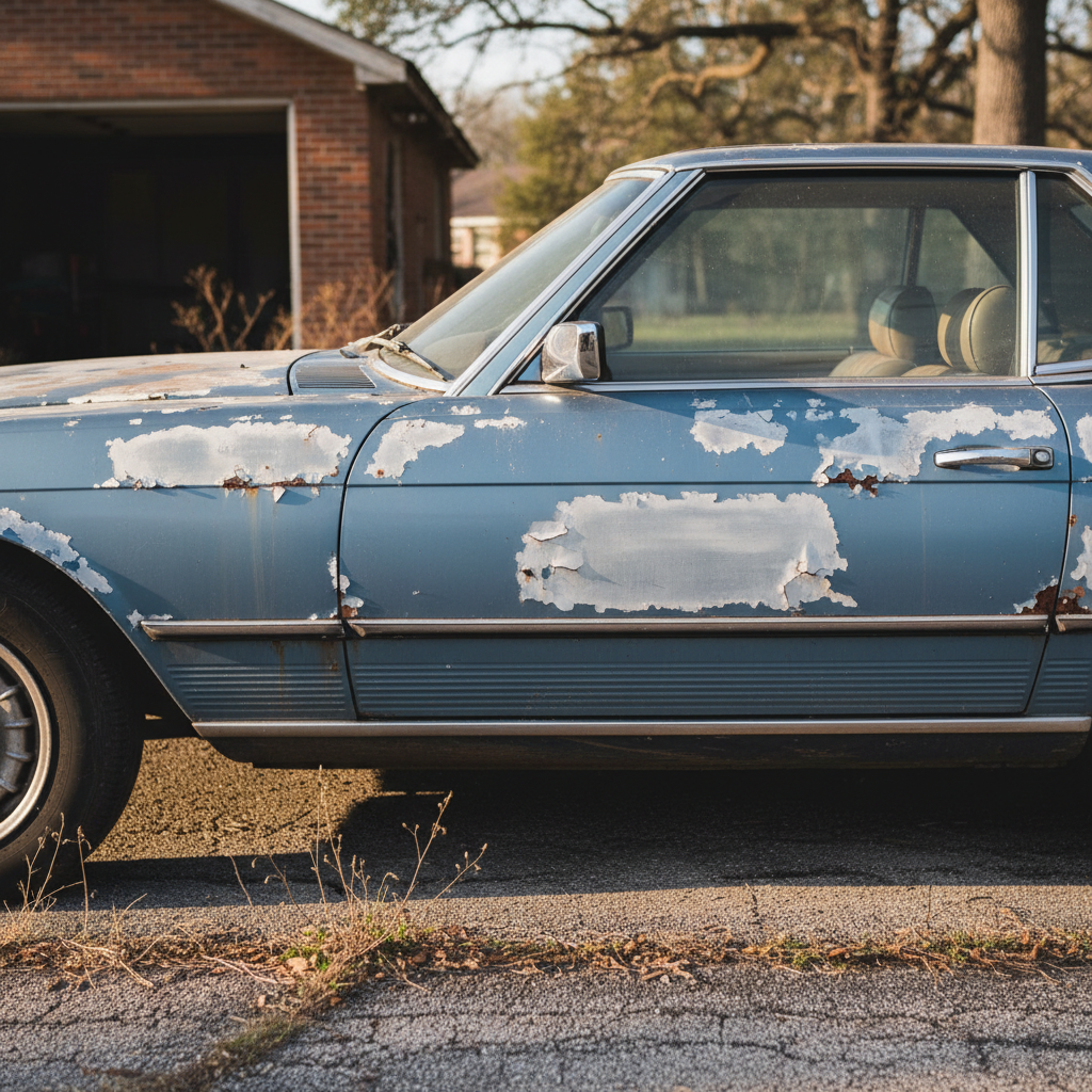 Vintage Mercedes 450SL with aged paint, oxidation, and surface contamination