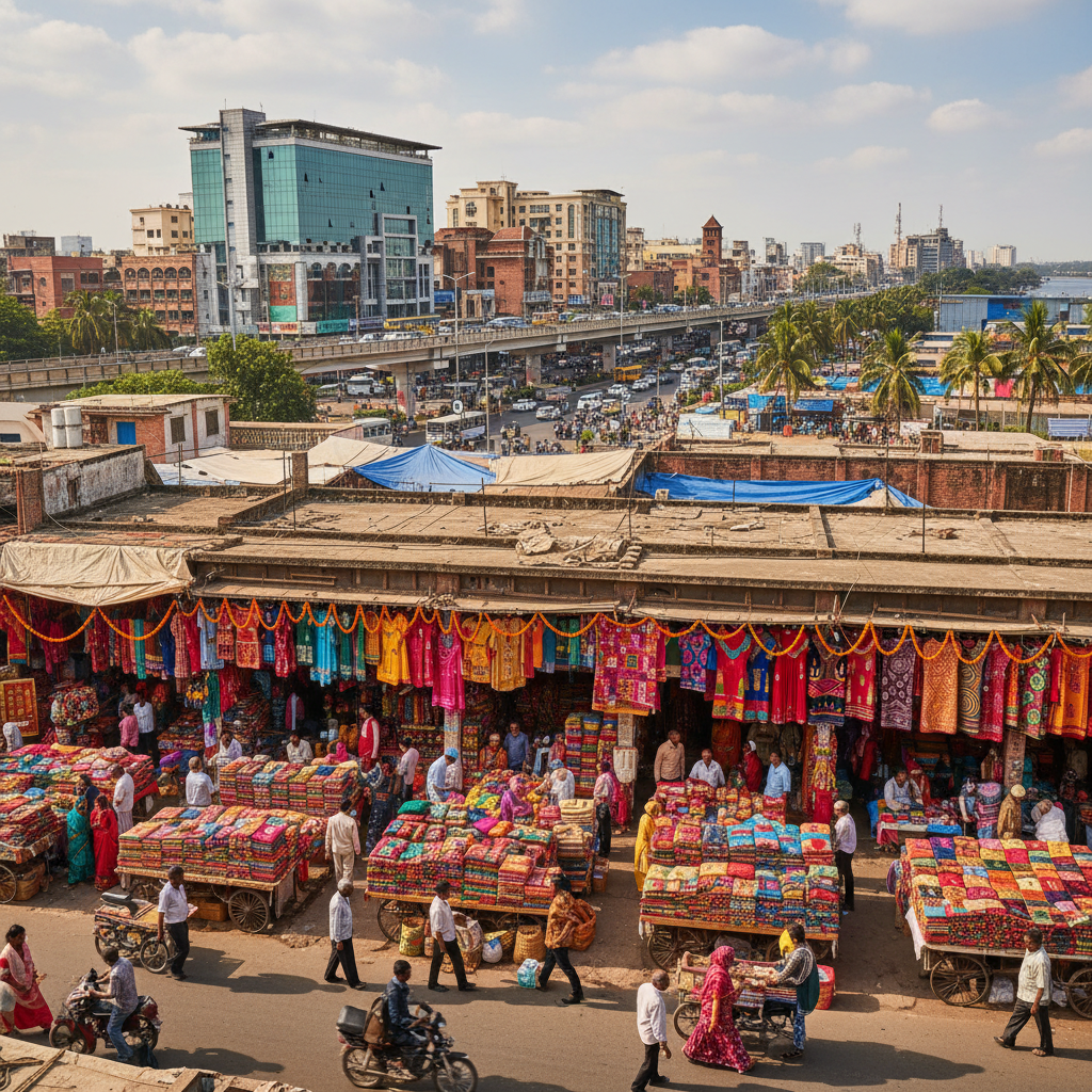 Vibrant Indian marketplace with colourful merchandise, warm market lighting, rich dark backdrop, deep amber tones