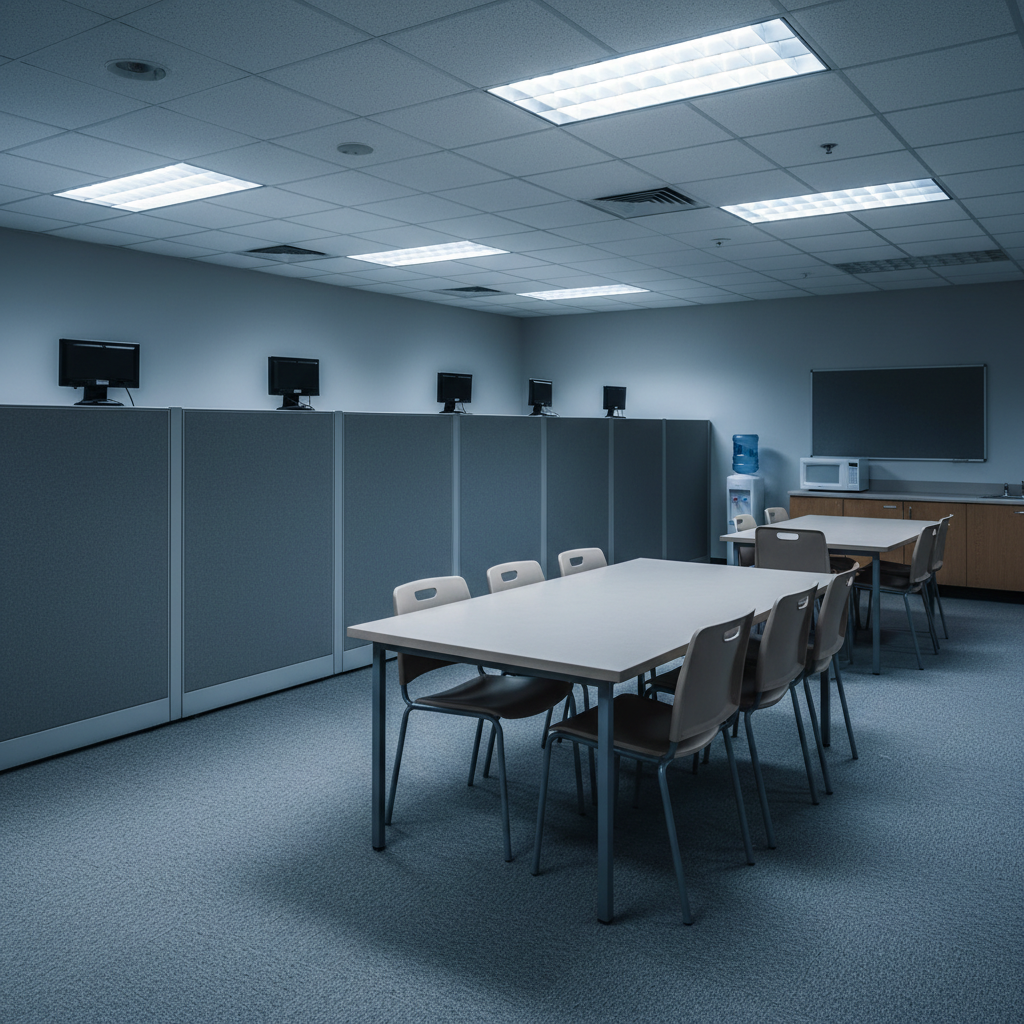 Dark cramped generic office space with harsh overhead lighting, cluttered desks, dull gray tones