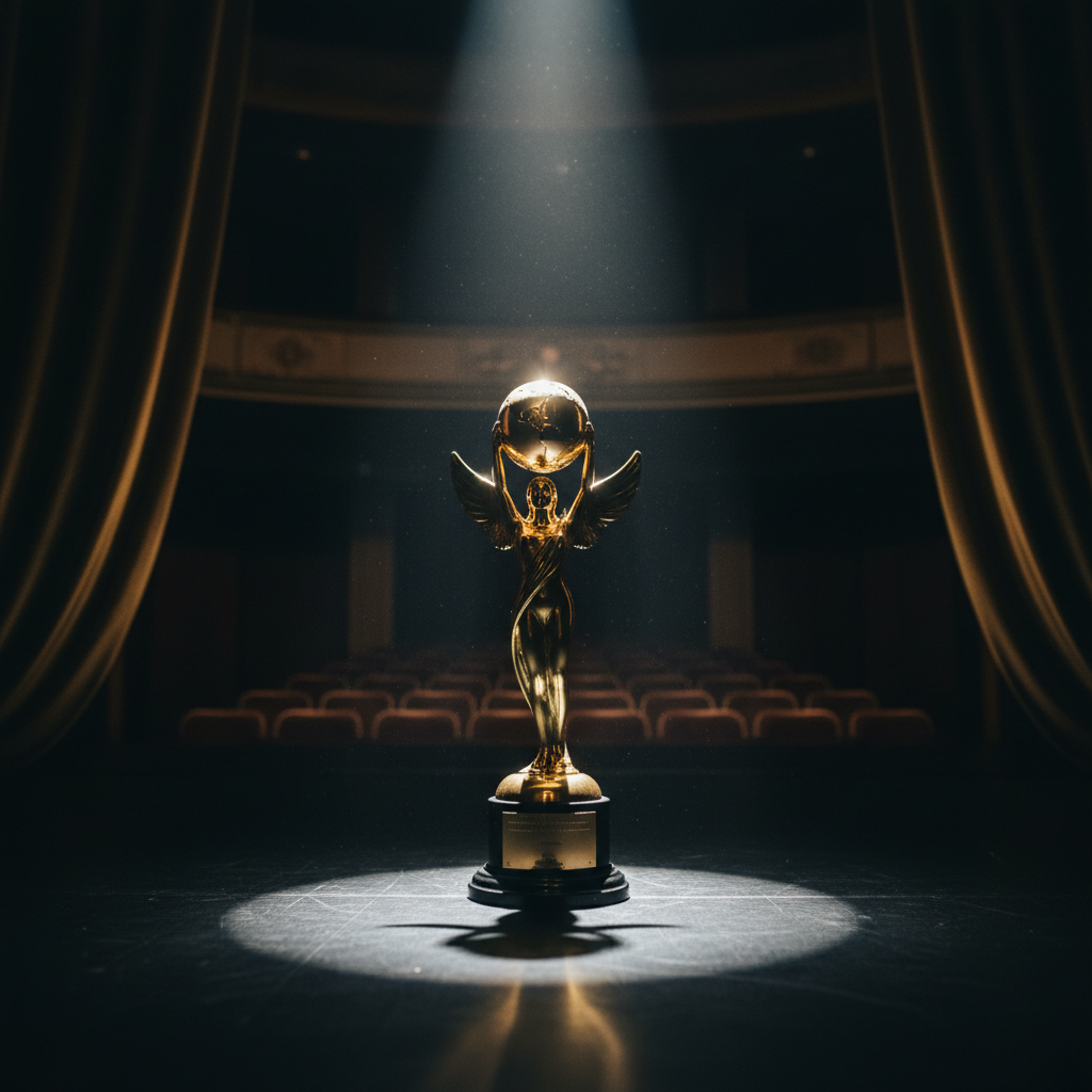 Gold award trophy on stage with spotlights at international recognition ceremony