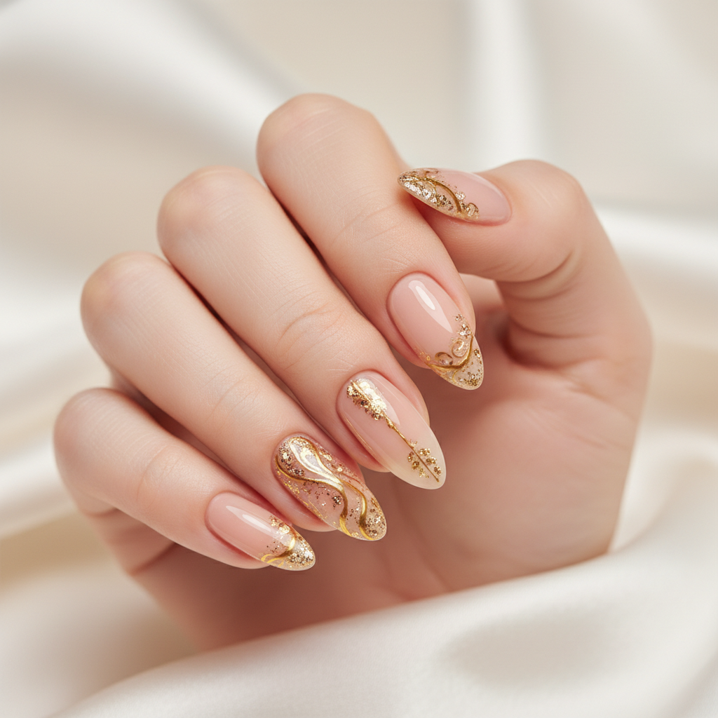 Bridal nails with gold foil accent on blush pink base, luxury finish