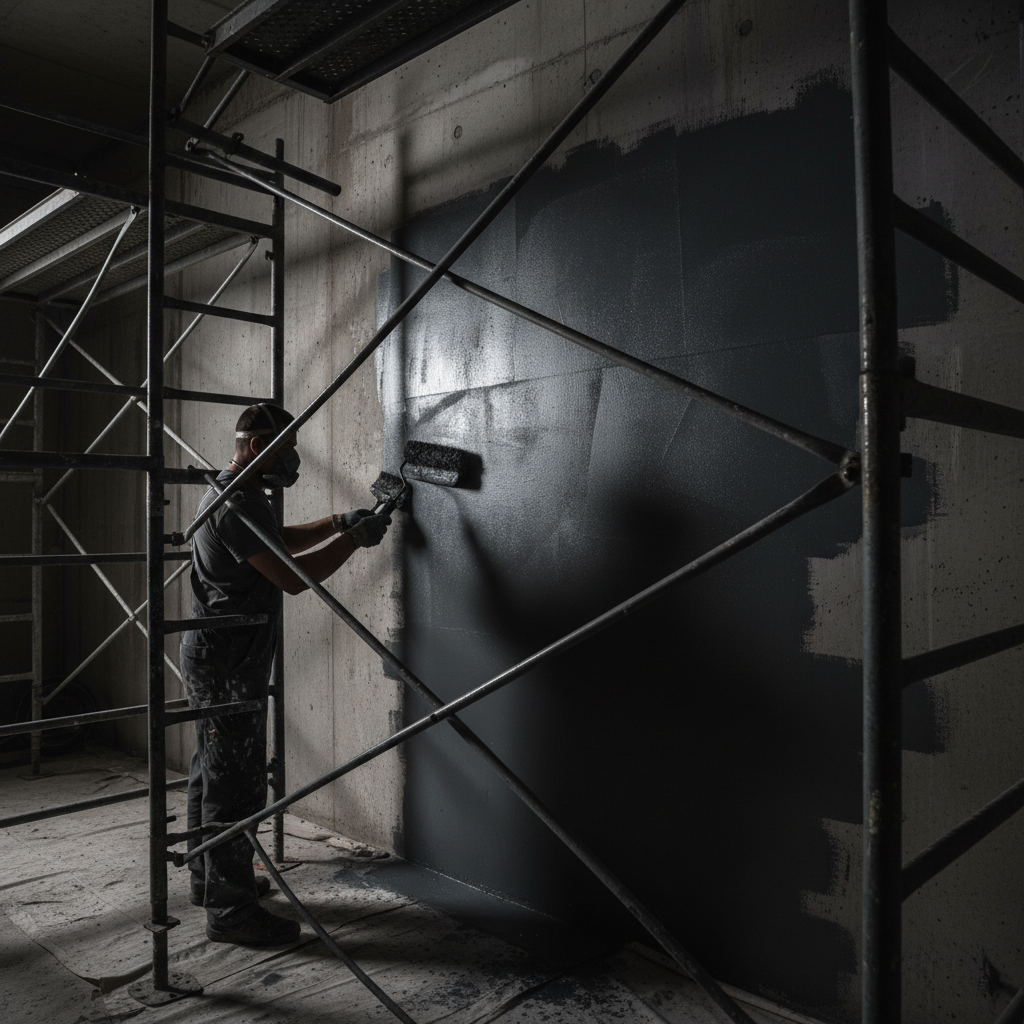 Construction workers executing structural concrete work at height, complex formwork system, dim industrial lighting, deep shadows