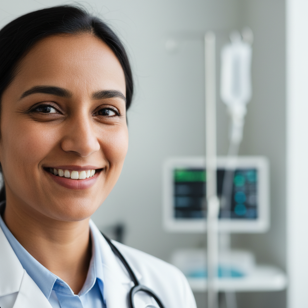Dr. Sunita Krishnamurthy, South Asian female allergist, warm expression, clinical setting