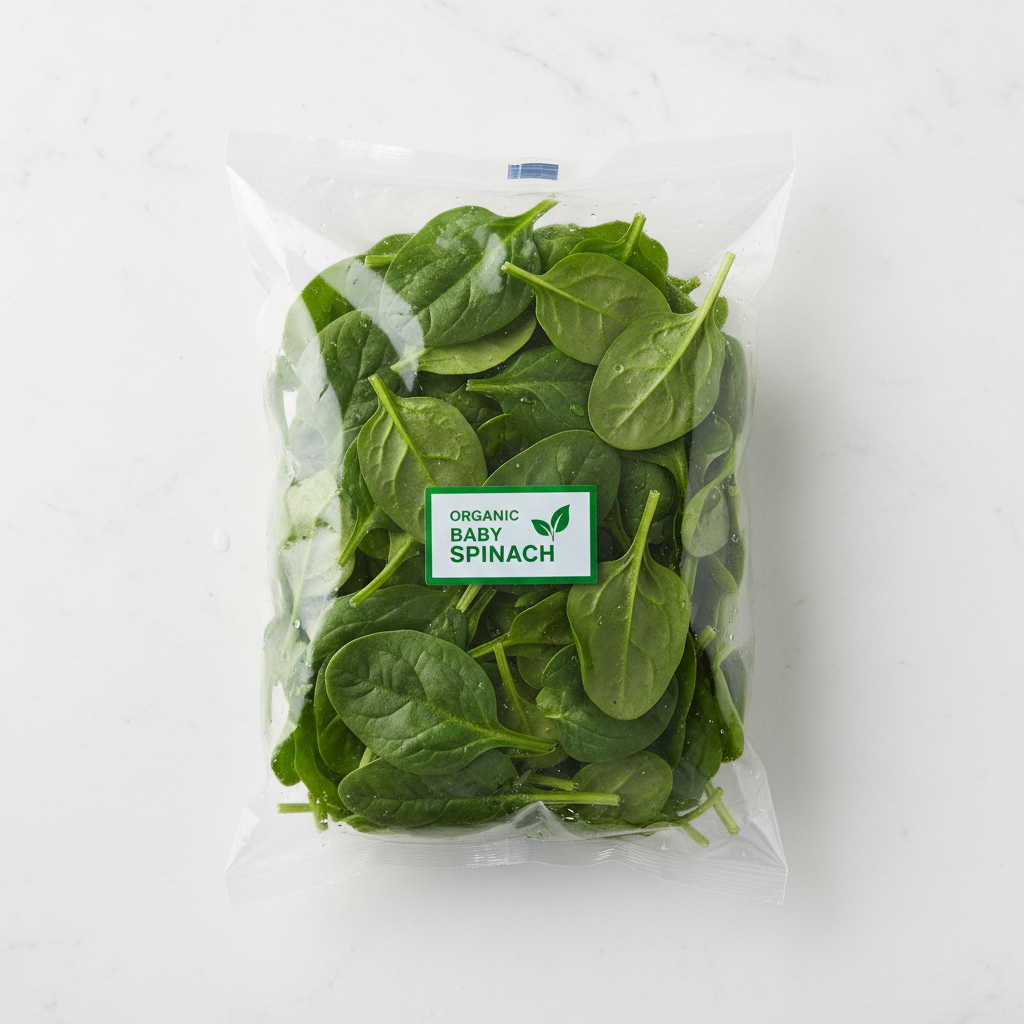 Fresh bright green baby spinach leaves in open bag