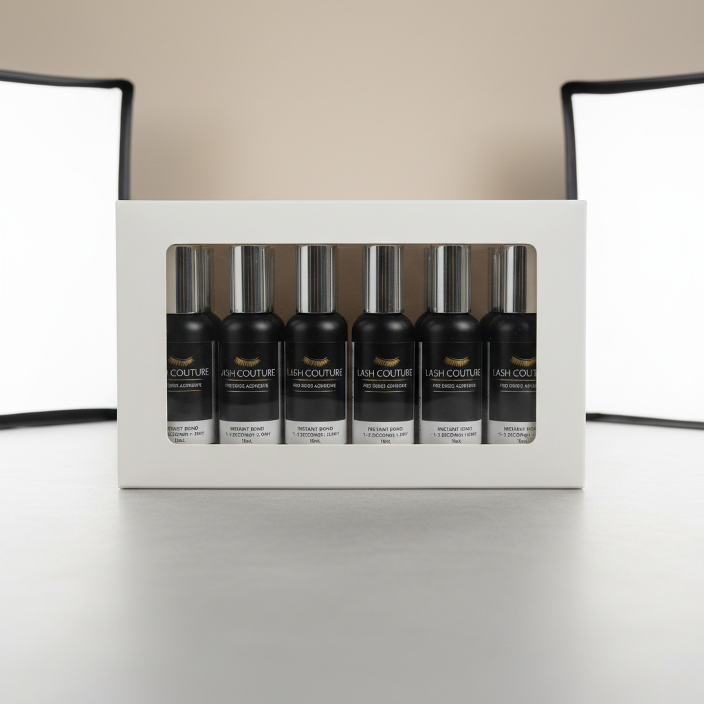 Professional lash adhesive bottles arranged in wholesale packaging
