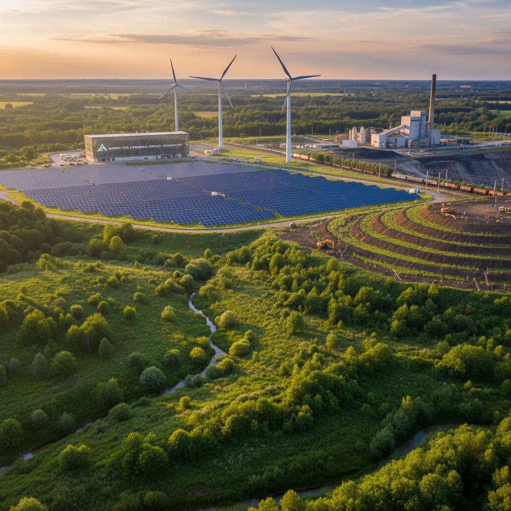 Wind farm aerial view at sunset showing multiple turbines across flat landscape with golden light