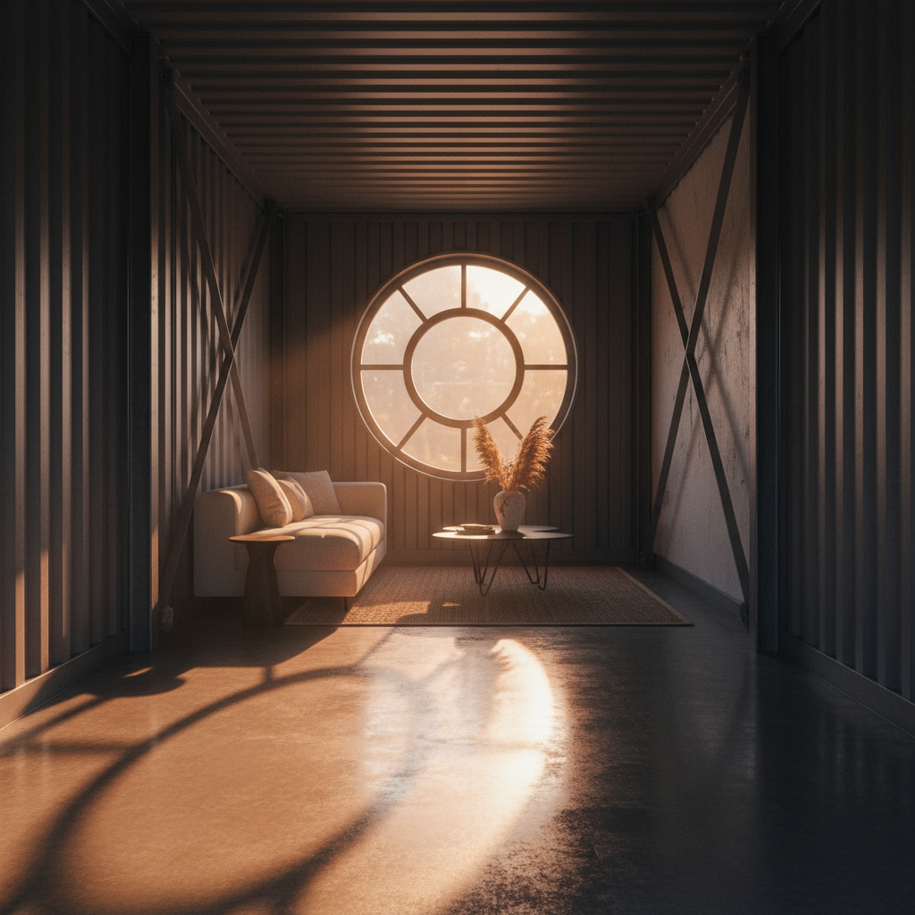 Golden hour light flooding through container porthole window across polished concrete floor in staged interior