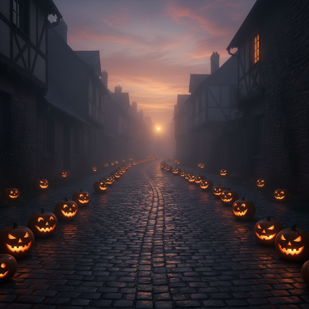 Fog-wrapped European cobblestone village at dusk with jack-o-lanterns lining the lane and a single candle-gold window glowing in the distance