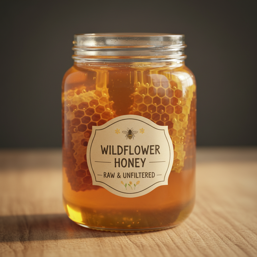 HIVON honey jar surrounded by honeycomb and flowers in lush green natural setting with warm golden light
