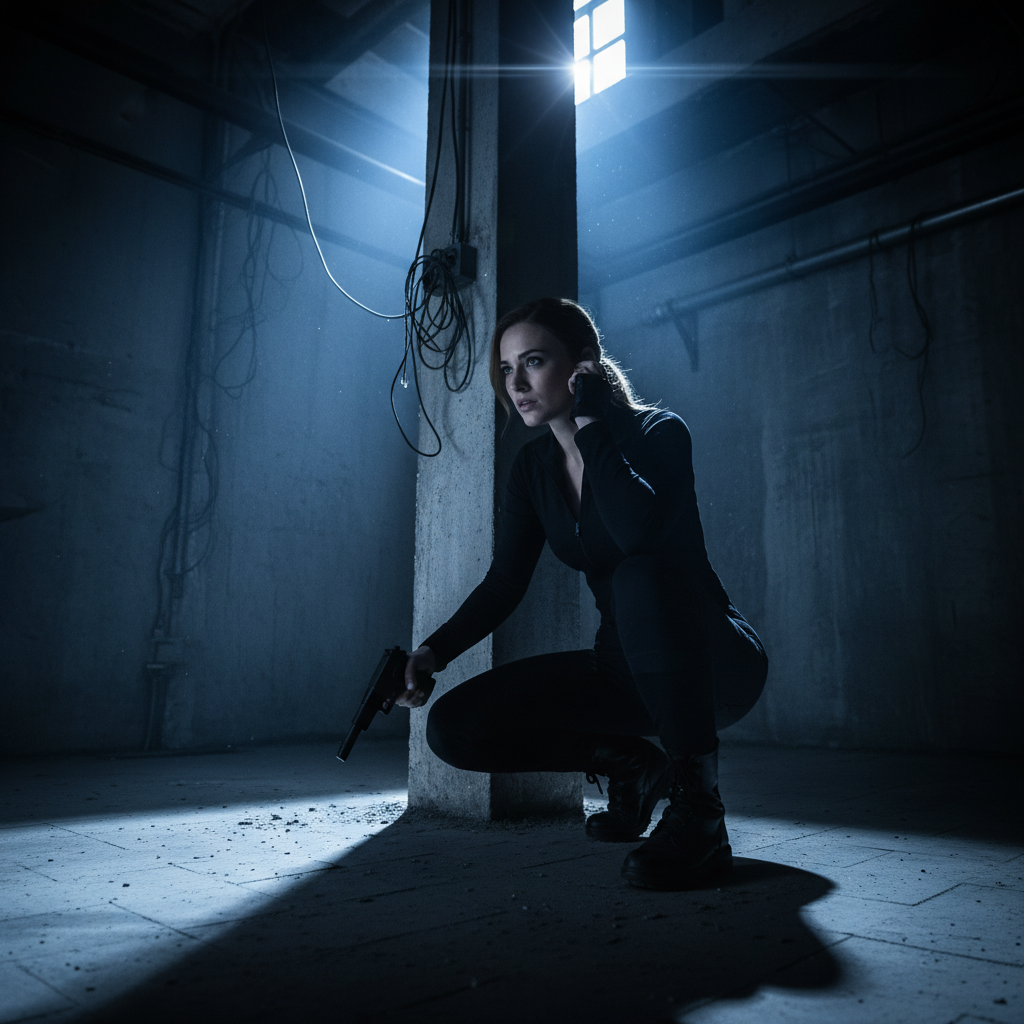 Tense spy thriller atmosphere — dark interior, harsh directional lighting, deep shadows, cinematic espionage drama, cold blue-grey tones