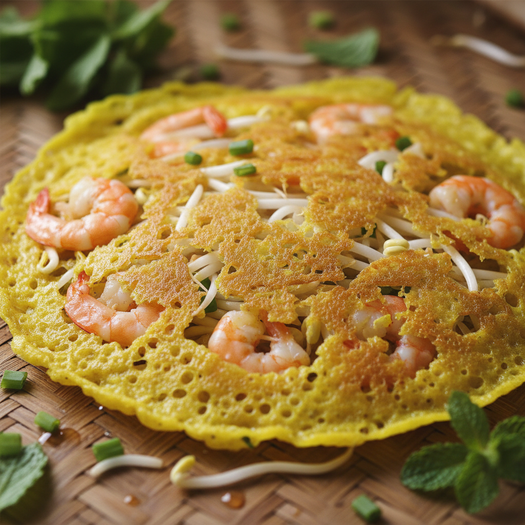 Macro close-up of crispy bánh xèo, turmeric-yellow batter bubbling at the edges with translucent shrimp and bean sprouts catching window light