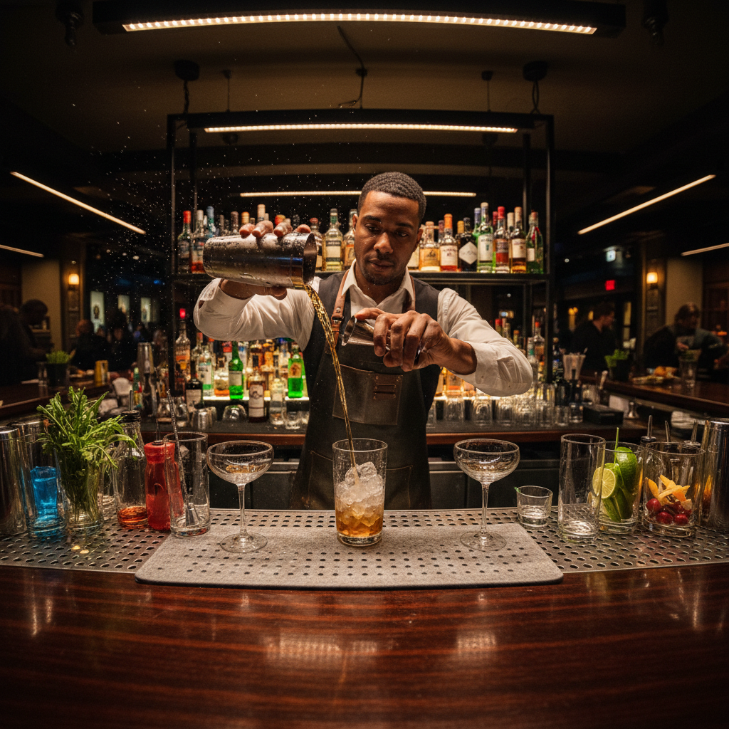 Bartender pouring cocktail with precise technique, dark bar backdrop, warm spotlight, dramatic shadows