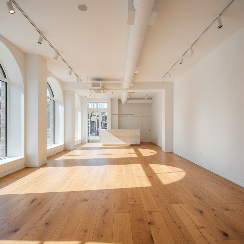 Vacant boutique retail unit with white walls, hardwood floors and natural light from front windows