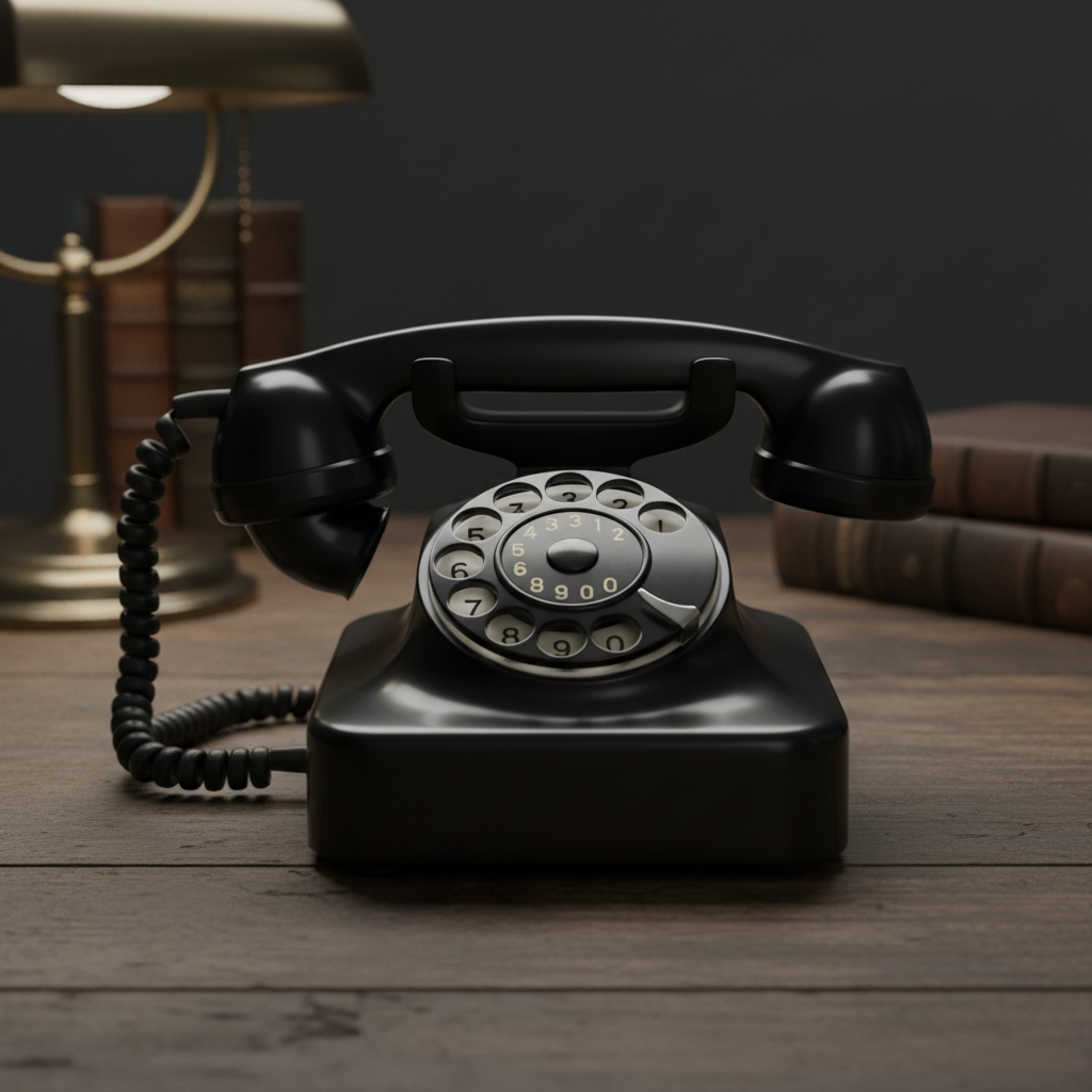 Black Bakelite rotary telephone from the 1940s on wooden surface