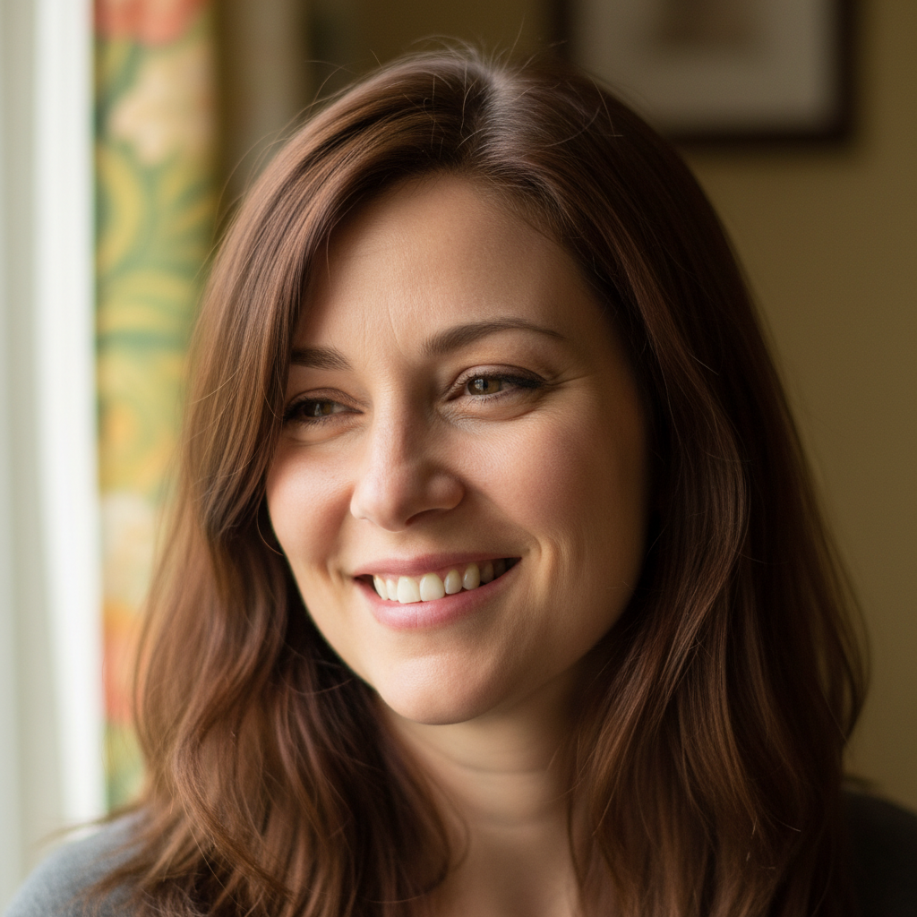 Rachel Kim, smiling parent with warm brown hair in natural light