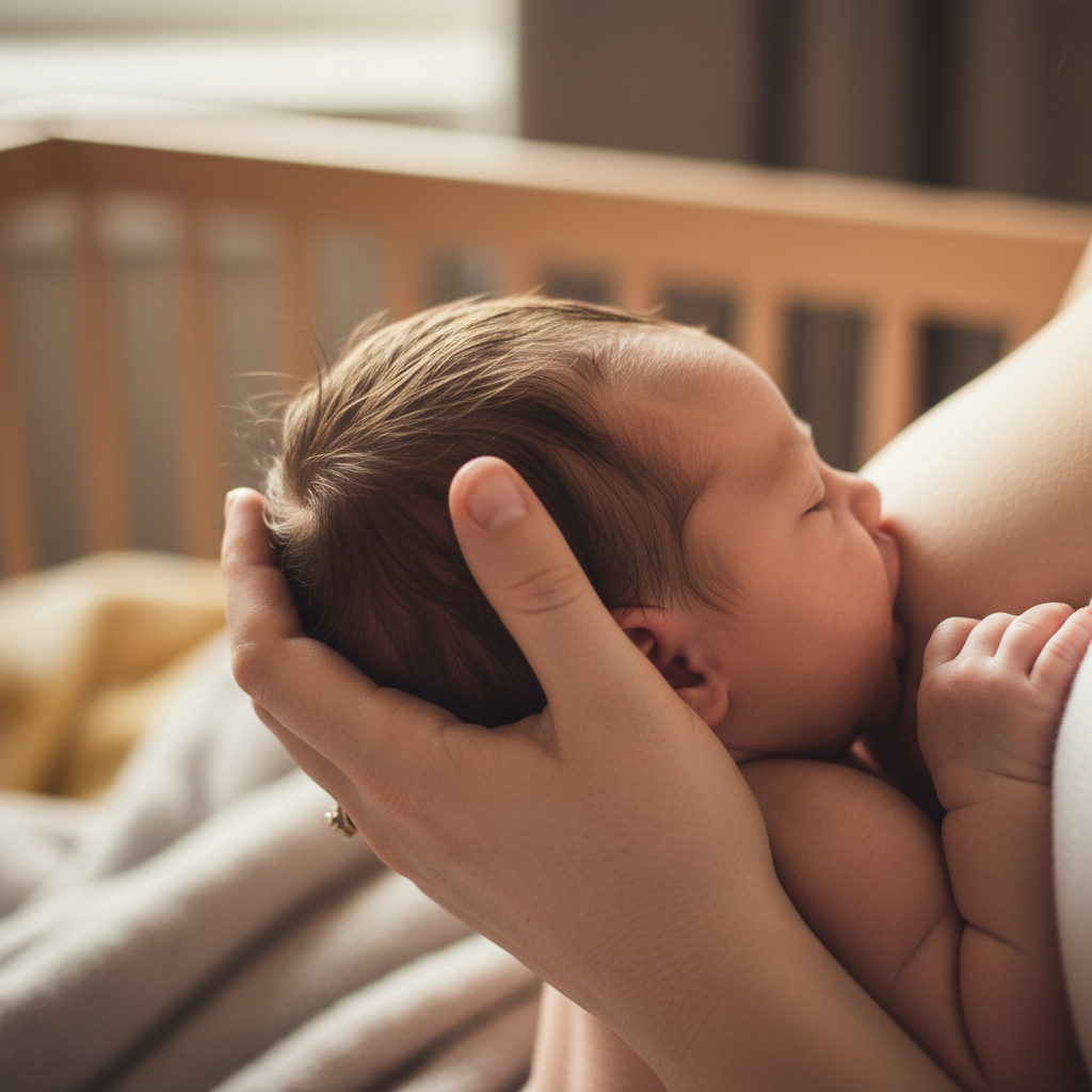 Mother's hands cradling infant's head mid-feed, shallow depth of field, black and white editorial photograph