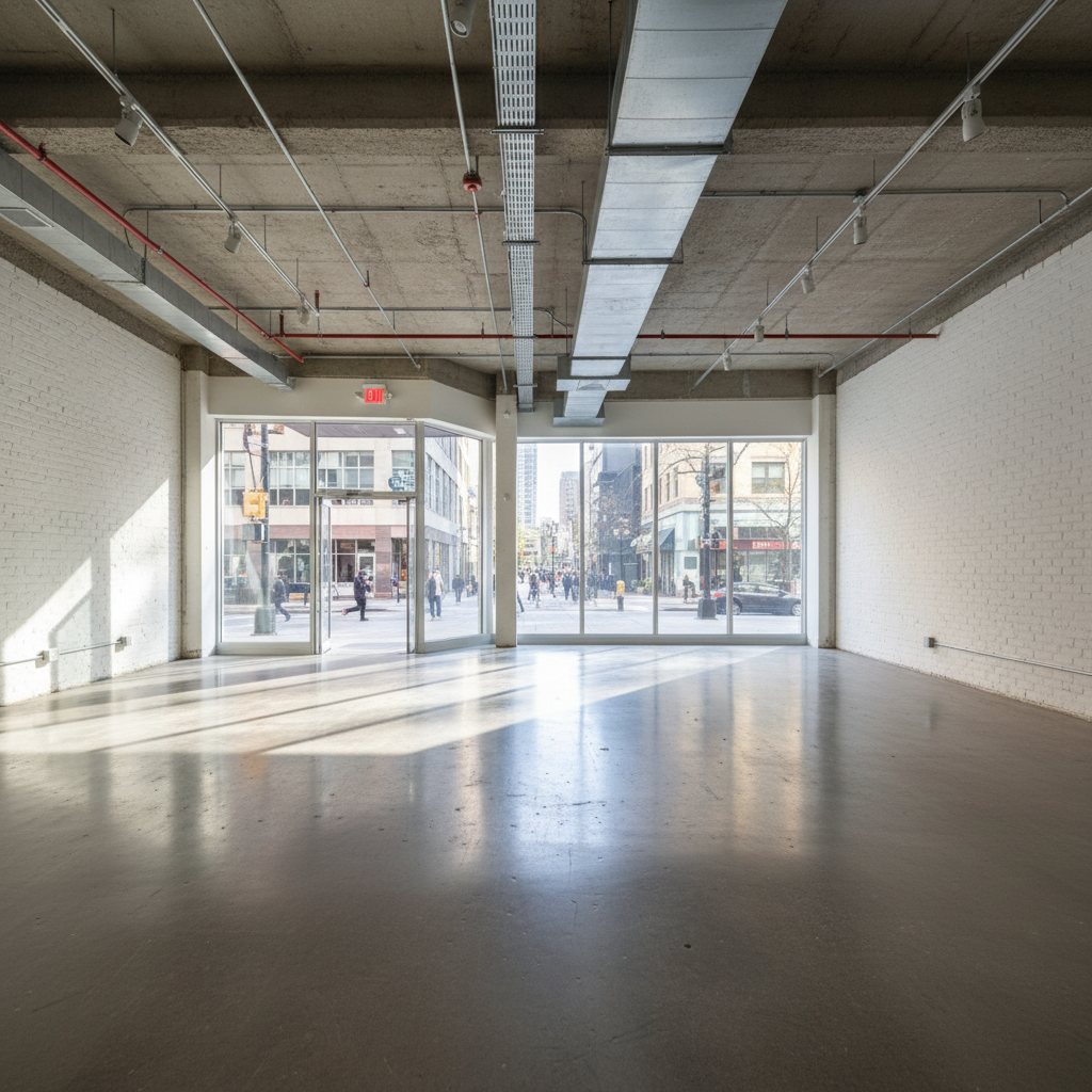 Vacant commercial retail unit with polished concrete floors, large storefront windows, and exposed ceiling — LoopNet listing photography