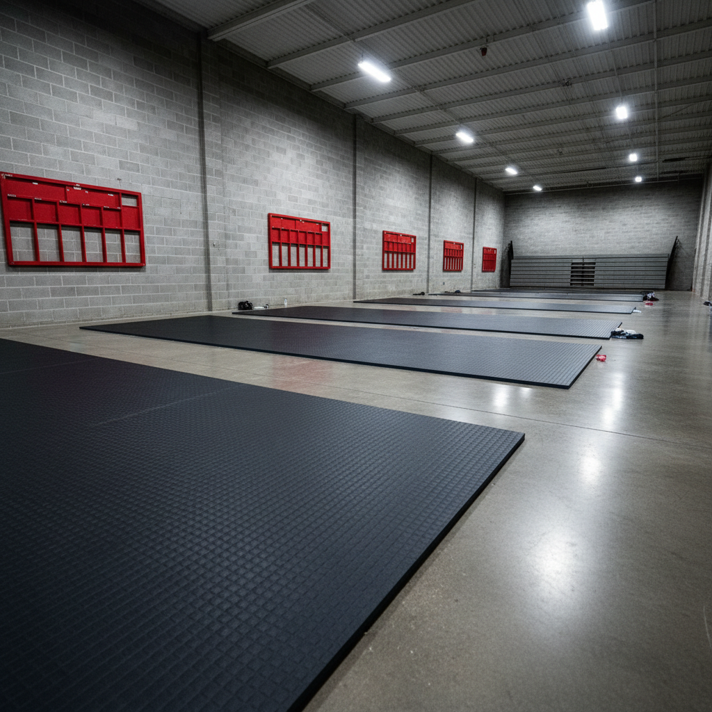 Tournament gym at 7AM — fluorescent lights over dark mats, red brackets on cinder block walls