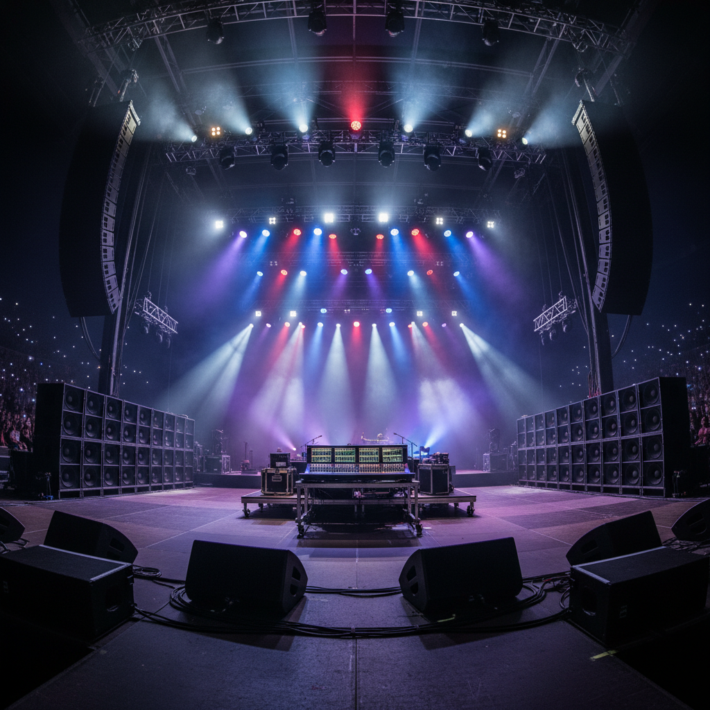 Professional stage and studio performance area with dramatic lighting and high-end audio equipment